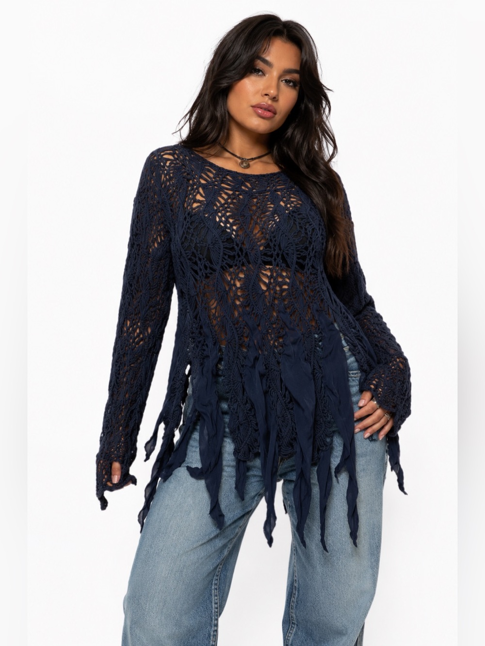 Y2K Open Crochet Mixed Knit Longline Hippie Top w Choppy Hem Navy L-1X
